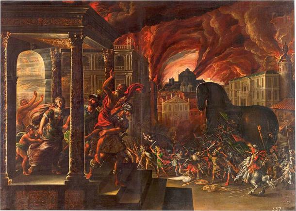 Aeneas and his family fleeing the burning city of Troy, with the Trojan horse in the background, by Juan de la Corte. (Public domain)