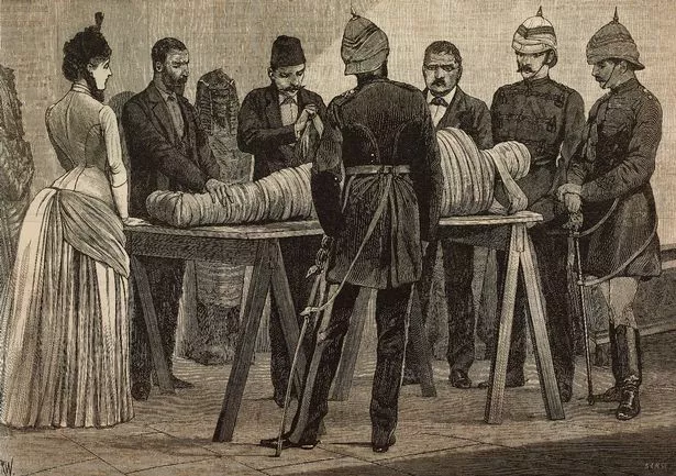 Street vendor selling mummies in Egypt, 1865 .