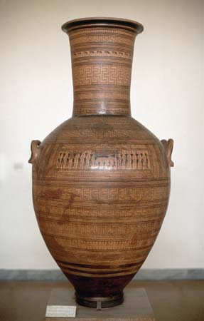 Amphora painted in the Geometric style.  750 B.C.