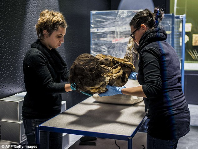 Experts carefully lower the woman, discovered in the ancient civilisation of Pachacamac, as they prepare the skeleton for its unveiling at the Musee de Confluences, in Lyon, later this month