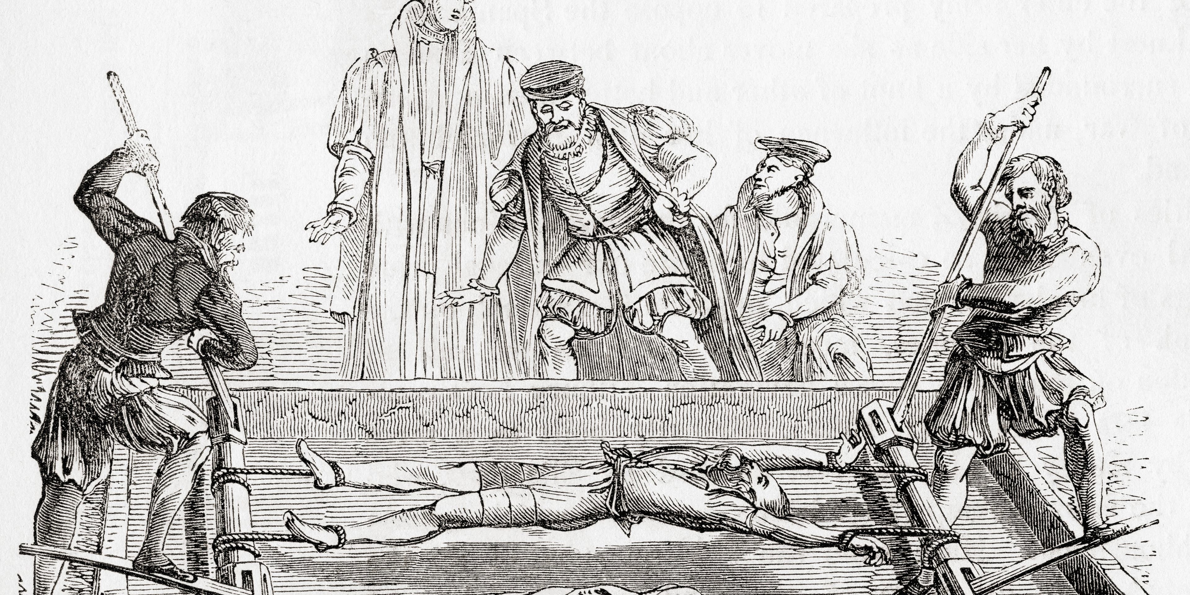 A black-and-white engraving of a man stretched out on the bed of a torture device