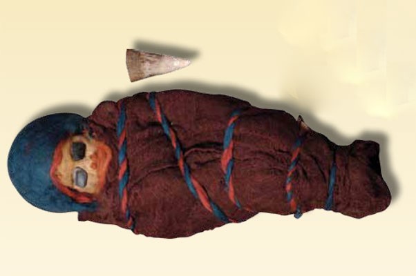 Well preserved mummy of an infant (one of about 200 corpses with European features that were excavated from the Tarim Basin)
