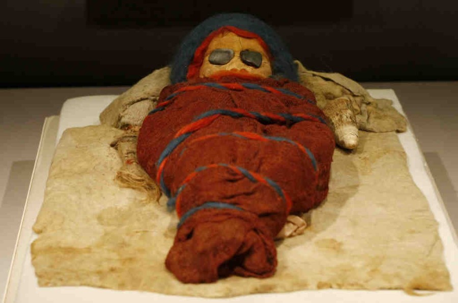 Well preserved mummy of an infant (one of about 200 corpses with European features that were excavated from the Tarim Basin)