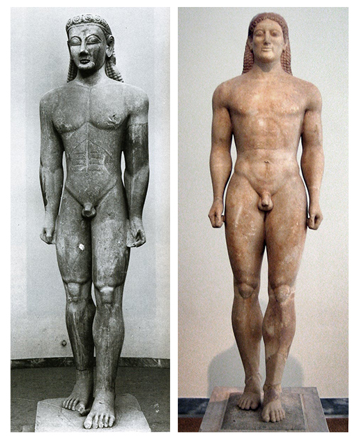 Left —Kouros of Sounion. 600 B.C. 3.05m of height. National Archaelogical Museum, Athens. Right — Anavyssos Kouros. 525 B.C. Marble. 1.93m height. National Archaeological Museum, Athens. 