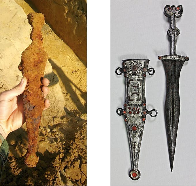 Before and after restoration. Left: Heavily corroded, the dagger and sheath came out of the earth in April 2019 | Photo: © LWL / Josef Mühlenbrock || Right: The result of the excellent restoration by LWL restorer Eugen Müsch | Photo: © LWL / Eugen Müsch
