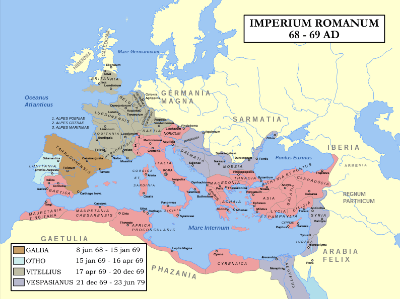 Roman Empire Map during 69AD, the Year of the Four Emperors. Coloured areas indicate provinces loyal to one of four warring generals.