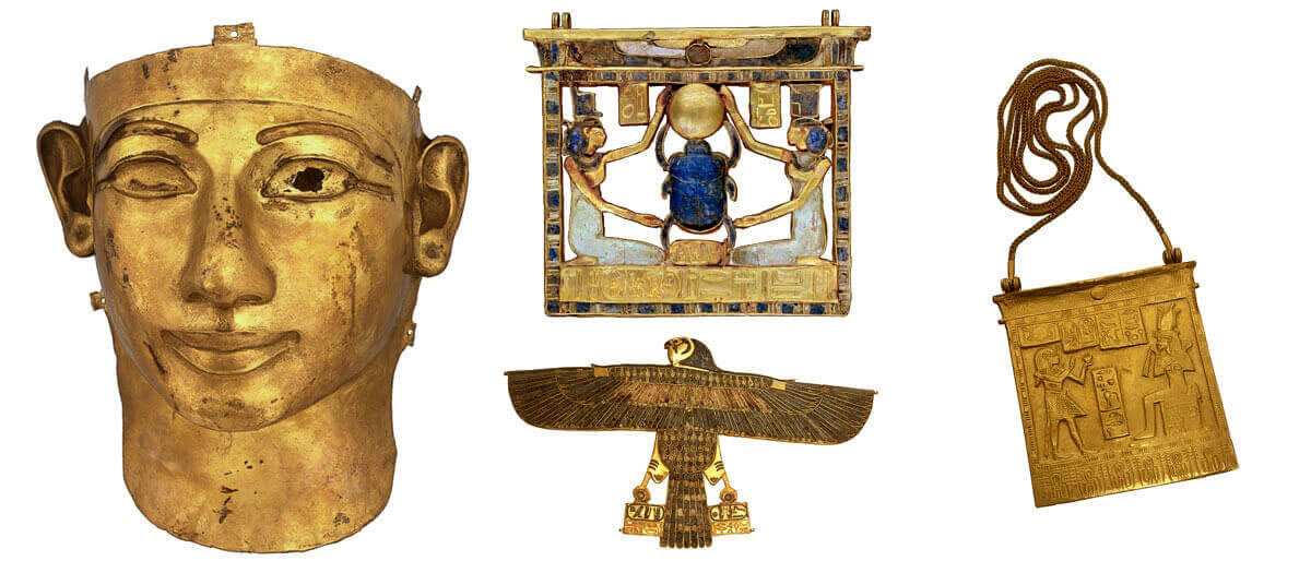 Egyptian mummy mask and ancient jewelry of Pharaoh Shoshenq II