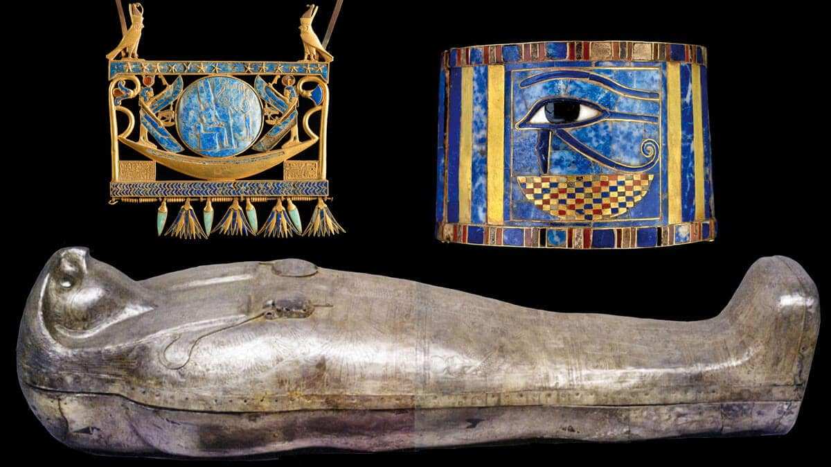 Ancient Egyptian silver falcon coffin with jewelry of Pharaoh Shoshenq II
